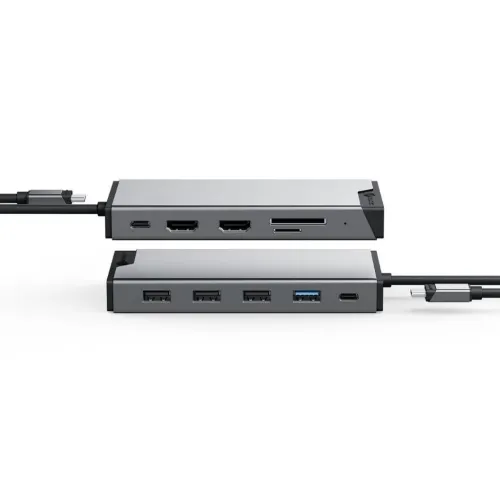 Ruumihall USB-C hub koos kaabliga, kaks HDMI, USB-C, SD ja microSD ühel küljel ning kolm USB-A, üks sinine USB-A ja USB-C teisel küljel.