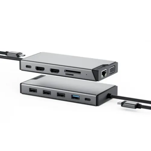 Sisseehitatud kaabliga USB-C-keskjaam halli värvi, näidatud kahelt küljelt, kokku HDMI, VGA, RJ45, SD/microSD, USB-A ja USB-C pordiga.