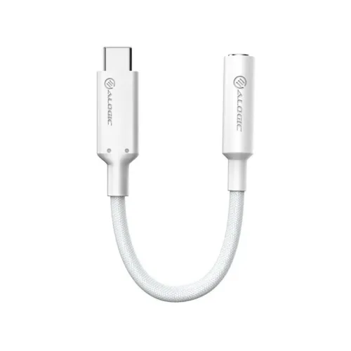 Baltos spalvos USB-C ir 3,5 mm garso adapteris, trumpas pintas laidas; kairėje pusėje USB-C vyriškas, dešinėje - 3,5 mm moteriškas, abu su ALOGIC logotipu.