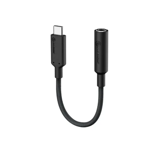 USB‑C till 3,5 mm ljudadapter i svart med kort flätad kabel, USB‑C‑kontakt på vänster sida och 3,5 mm honjack på höger sida.