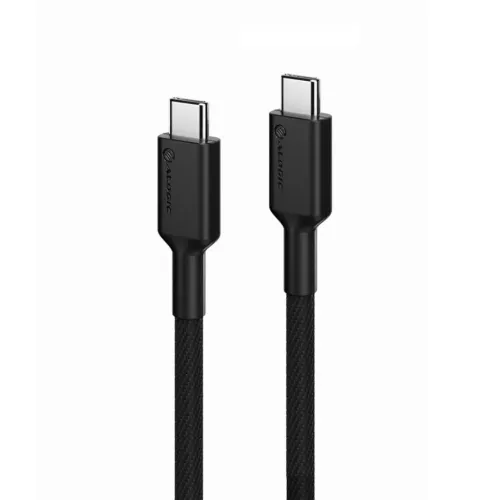 ALOGIC juodas USB-C į USB-C kabelis su dviem jungtimis su juodais apvalkalais ir pintu kabeliu, pavaizduotas tiesiai baltame fone.