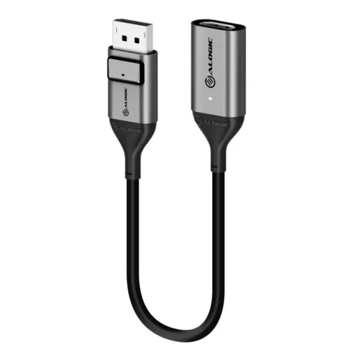 Adapterkabel med DisplayPort hane till HDMI hona, kort svart kabel med grå metallhöljen, ALOGIC-logga och LED på HDMI-ände.