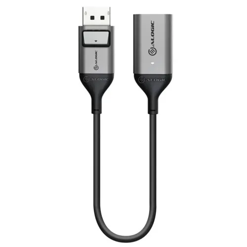ALOGIC adapterkabel med DisplayPort-hane till HDMI-hona; kort svart kabel, grå metallhöljen med logotyp och liten indikator.
