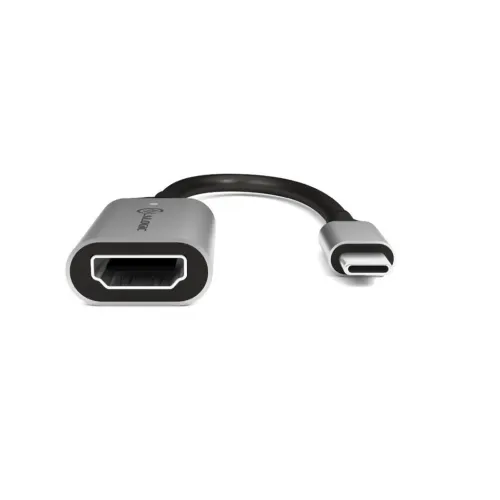 USB-C til HDMI-adapter med aluminiumshus; HDMI hunn vender fremover, buet kabel til USB-C hann vender mot høyre på hvit bakgrunn.