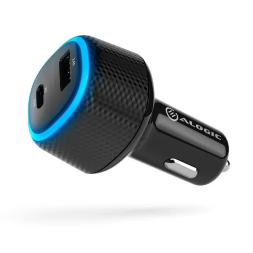 Billaddare med USB‑C och USB‑A, svart blank kropp och texturerad front med blå LED‑ring; ALOGIC‑logga på sidan, vinklad vy.