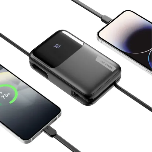 "ALOGIC Tandem+ Power Bank" - greitas įkrovimas su įmontuotais laidais - Juoda