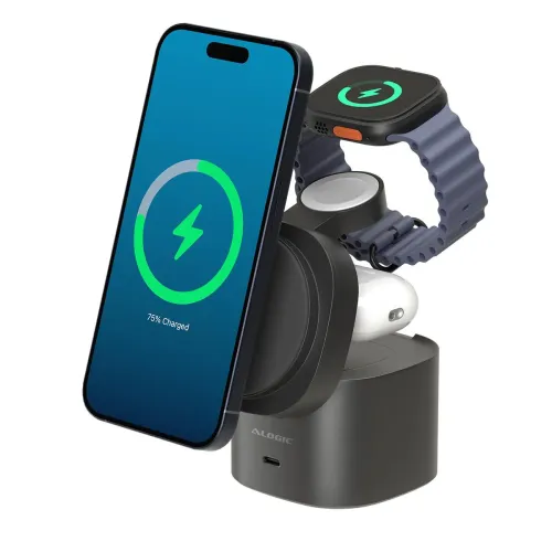 "ALOGIC Powerpod" juodas "4-in-1" stovas su magnetiniu telefono laikikliu, laikrodžio laikikliu, lizdu ausinių dėklui ir priekiniu USB-C prievadu.
