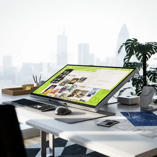 Alogic Aspekt 32 colių monitorius ant sulankstomo stovo vertikalioje ergonomiškoje padėtyje ant modernaus biuro stalo