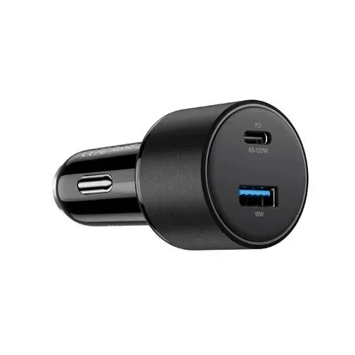 Erdviai pilkos spalvos cilindro formos automobilinis įkroviklis, kurio priekiniame paviršiuje matyti USB-C PD 65-100 W ir mėlyna USB-A 18 W, o šone - metalinė jungtis.