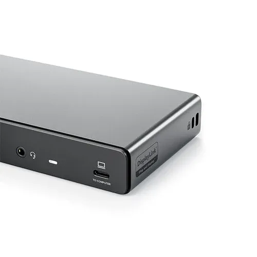 ALOGIC DV4 USB-C-Dockingstation mit 3,5-mm-Audioanschluss und DisplayLink-Label, abgebildet in Space Grau