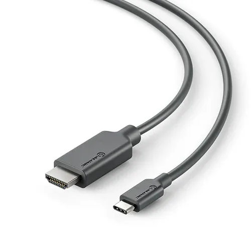 Pilkos spalvos USB-C ir HDMI kabelis su ALOGIC logotipu, kuriame iš arti matomos USB-C ir HDMI jungtys, šiek tiek išlenktas kabelis ant balto paviršiaus.