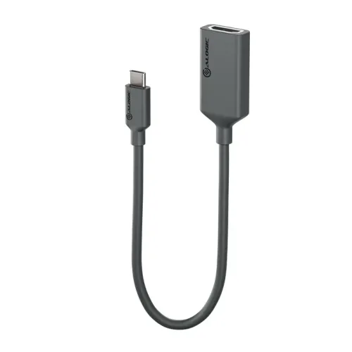 USB-C ir HDMI adapteris, trumpas pilkas kabelis su USB-C vyriškuoju ir HDMI moteriškuoju prievadais; stačiakampio formos korpusas su ALOGIC logotipu abiejose pusėse.