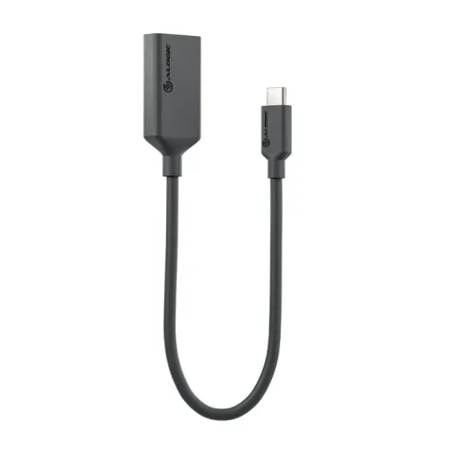 USB-C ir HDMI adapteris, trumpas tamsiai pilkas kabelis su USB-C čiaupu ir stačiakampiu HDMI korpusu, šiek tiek išlenktas baltame fone iš priekio.