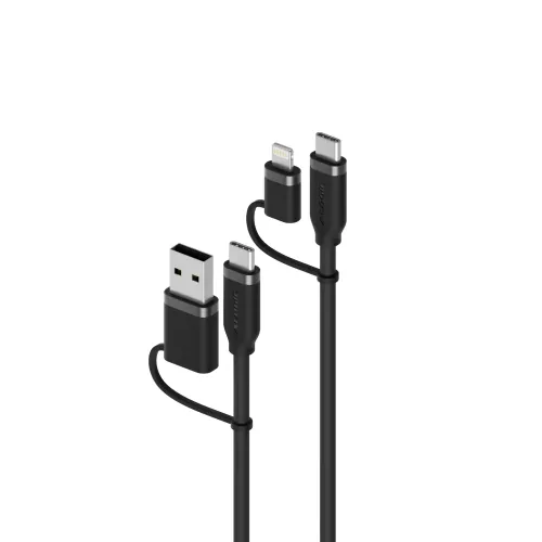 kabelis "4 viename" su USB-A, USB-C, "micro-USB" ir "Lightning" adapteriu; juodas dizainas su keliomis jungtimis abiejuose parodytuose kabelio galuose.