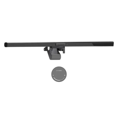 "ALOGIC Illuminate" šviesų juosta su centre įmontuota kamera, šešėlių laikikliu su spaustuvu ir belaidžiu nuotolinio valdymo pulteliu, kosminės pilkos spalvos.