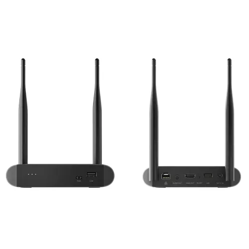 ALOGIC Unite 4K basstation fram- och bakifrån, med antenner, lampor, USB-A och parknapp samt ethernet, ljud, HDMI och ström.