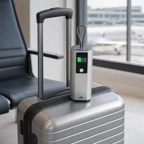 ALOGIC Ark Pro 160W powerbank med digital display och inbyggd USB-C-kabel på en kabinväska