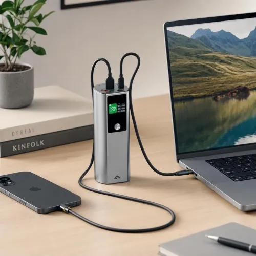 ALOGIC Ark Pro 160W powerbank med inbyggd USB-C-kabel som laddar en bärbar dator och en smartphone på ett skrivbord