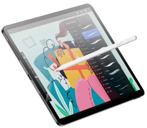 ALOGIC vit iPad-stylus svävar över vinklad iPad-skärm med färggrafik och verktyg, surfplattans kant och högtalarhål syns.