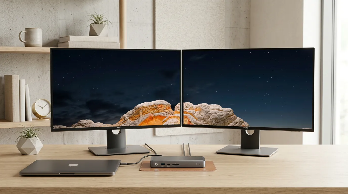 Dockningsstation ansluten till laptop och två externa skärmar