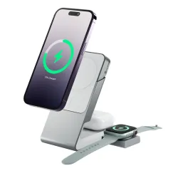 ALOGIC Matrix 3-i-1 MagSafe-oplader med Apple Watch-dockingstation til iPhone, AirPods og smartwatches, elegant sort design.