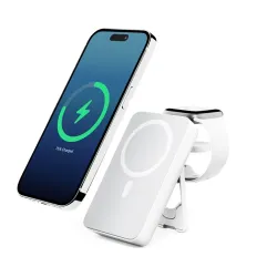 ALOGIC Lift 10.000mAh MagSafe-kompatibel powerbank med USB-portar, Apple Watch-laddare och stödben.