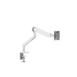 ALOGIC Glide Flexible Single Monitor Arm monteret på et skrivebord med ergonomisk justerbarhed og kabelstyring.