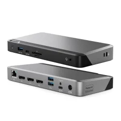 ALOGIC PRIME DX3 Universal Dock med stöd för tre 4K-skärmar med 100 W strömförsörjning och flera portar för förbättrad anslutning.