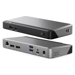 ALOGIC PRIME DX2 Universal Dock med dobbelt 4K-skærm, 100W PD, USB-C/A-porte til tilslutning af bærbare computere.