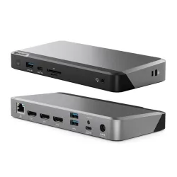 ALOGIC PRIME MX3 Dock med trippel 4K-skärm, 100 W strömförsörjning och elegant rymdgrå finish för ökad produktivitet.