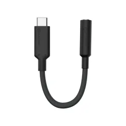 ALOGIC Elements PRO svart USB-C til 3,5 mm lydadapter med mikrofonstøtte og stoffflettet kabel for bærbar lyd av høy kvalitet.