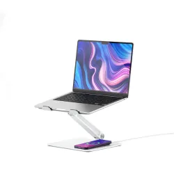 ALOGIC Elite Power Laptop Stand med trådlös laddare i vitt, justerbar höjd och vinkel, universell kompatibilitet, snabbladdning